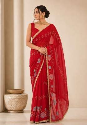 Red Georgette Saree Set with Embroidered for Diwali | Wedding & Festive Wear