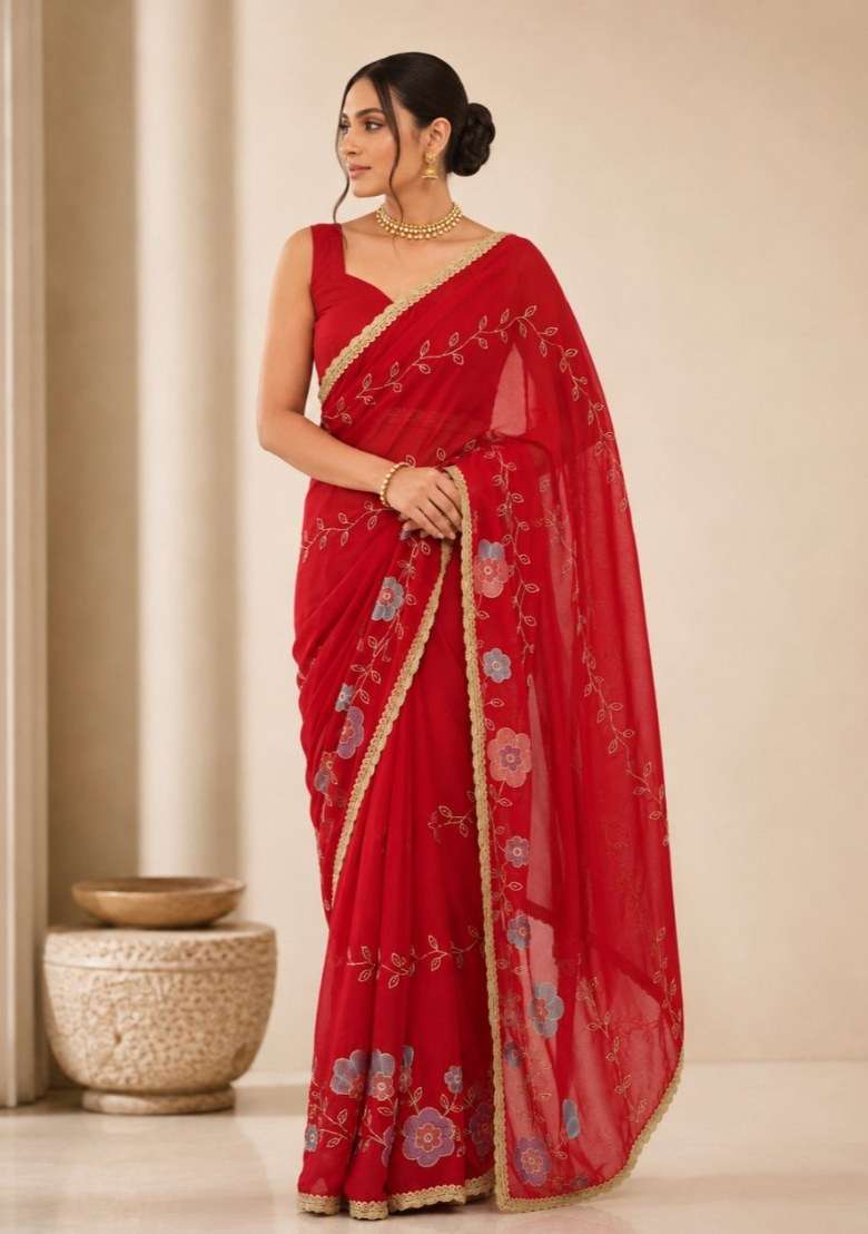 Red Georgette Saree Set with Embroidered for Diwali | Wedding & Festive Wear - Indya