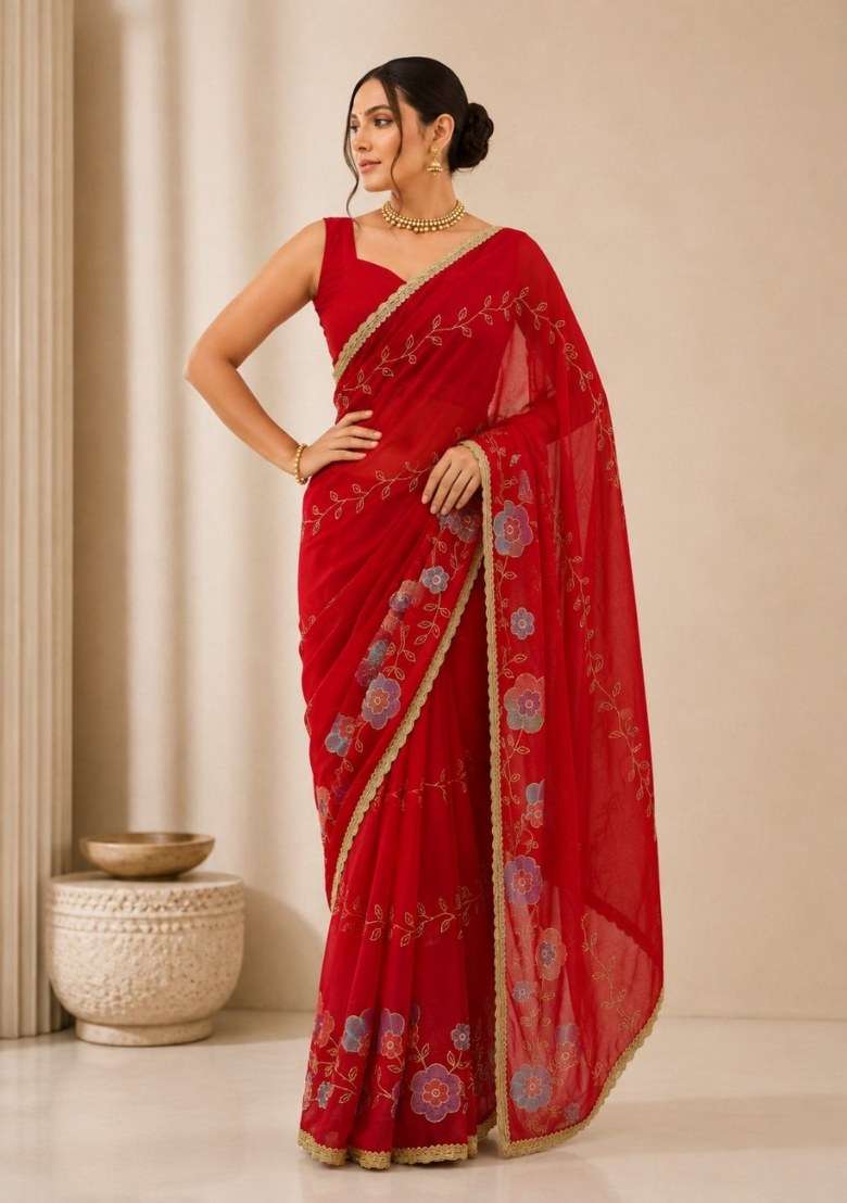 Red Georgette Saree Set with Embroidered for Diwali | Wedding & Festive Wear - Indya