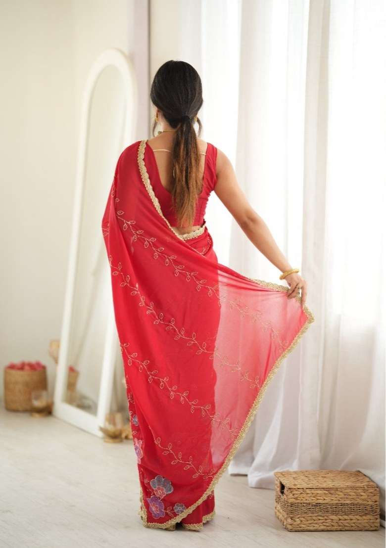 Red Georgette Saree Set with Embroidered for Diwali | Wedding & Festive Wear - Indya