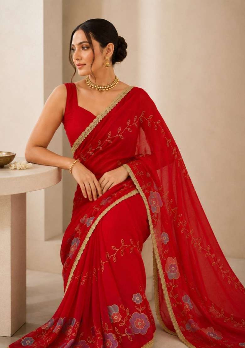 Red Georgette Saree Set with Embroidered for Diwali | Wedding & Festive Wear - Indya