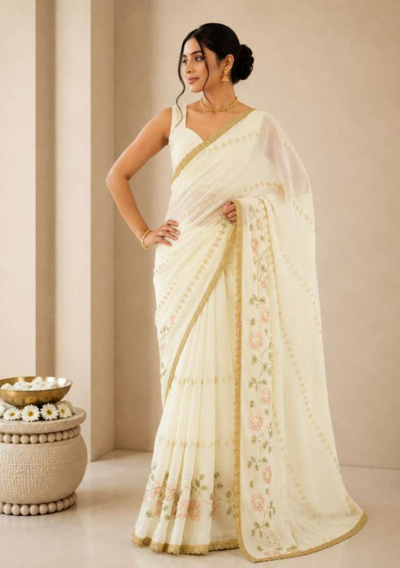 White Georgette Saree Set with Embroidered for Diwali | Wedding & Festive Wear - Indya