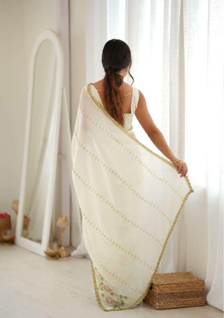 White Georgette Saree Set with Embroidered for Diwali | Wedding & Festive Wear - Indya