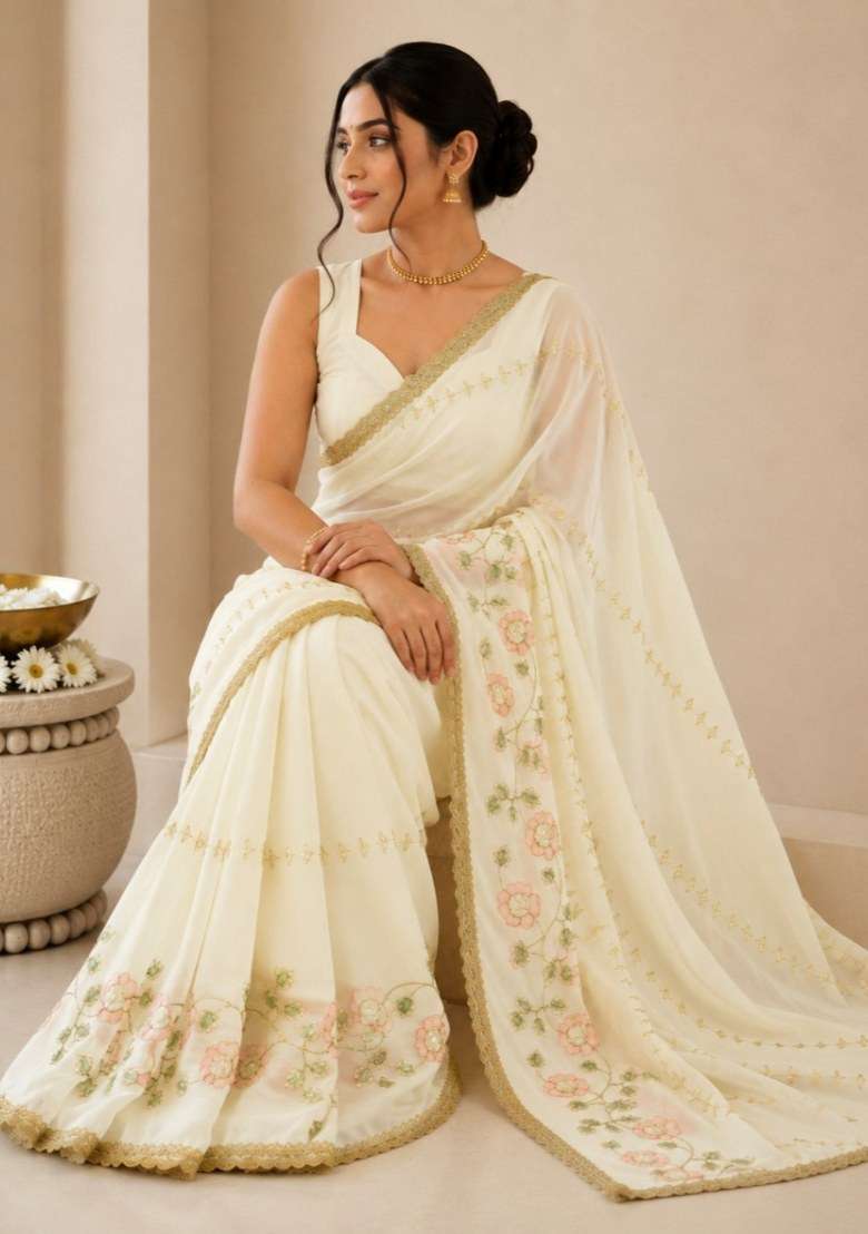White Georgette Saree Set with Embroidered for Diwali | Wedding & Festive Wear - Indya