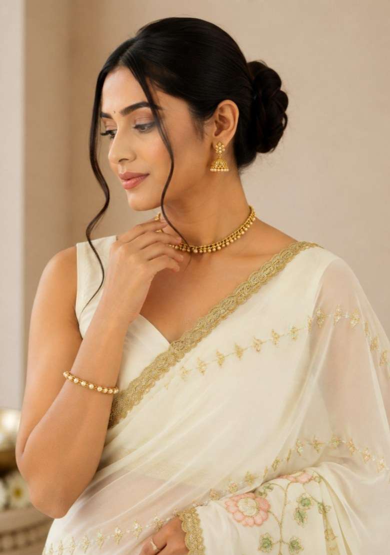 White Georgette Saree Set with Embroidered for Diwali | Wedding & Festive Wear - Indya