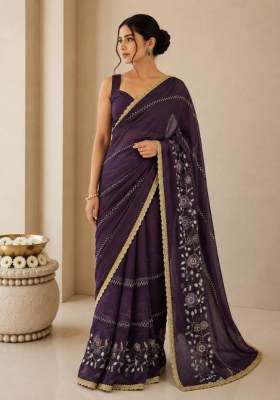 Wine Georgette Saree Set with Embroidered for Diwali | Wedding & Festive Wear