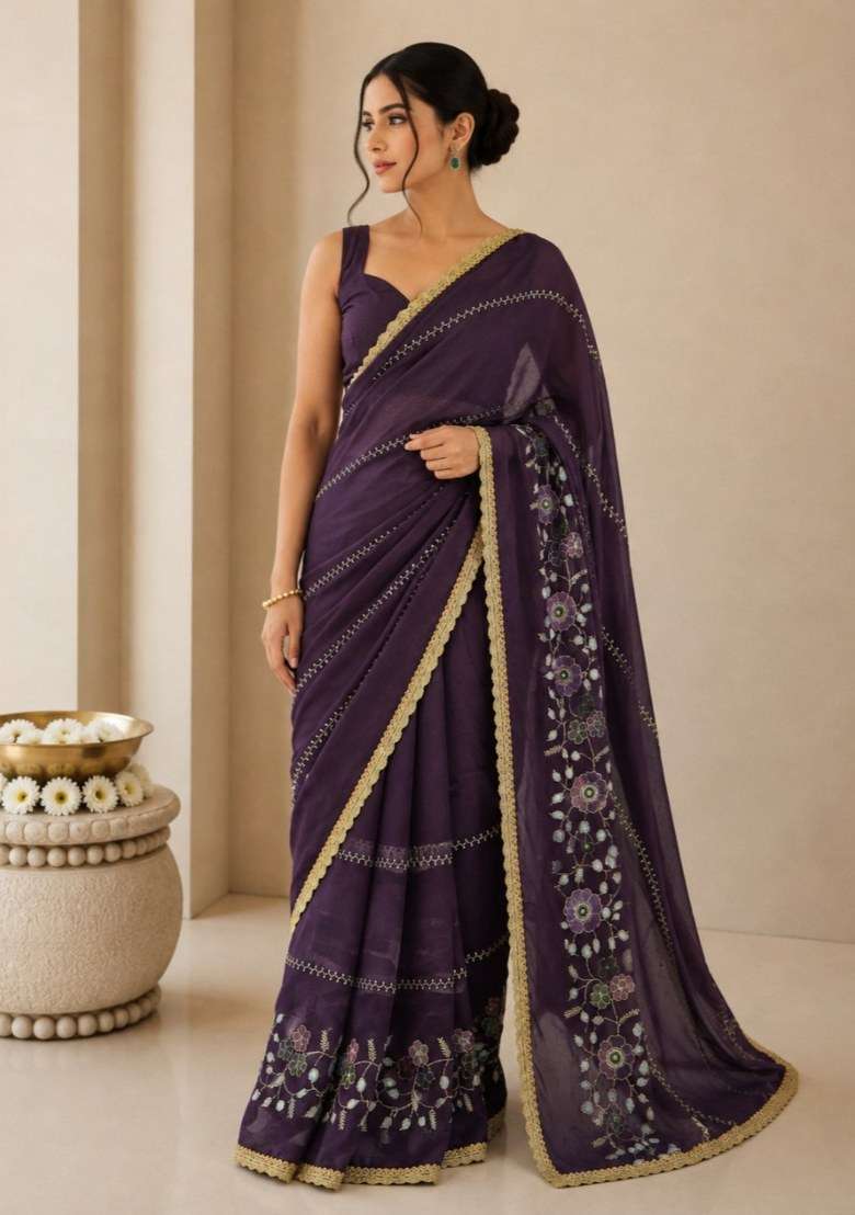Wine Georgette Saree Set with Embroidered for Diwali | Wedding & Festive Wear - Indya