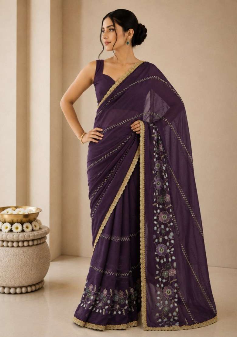 Wine Georgette Saree Set with Embroidered for Diwali | Wedding & Festive Wear - Indya
