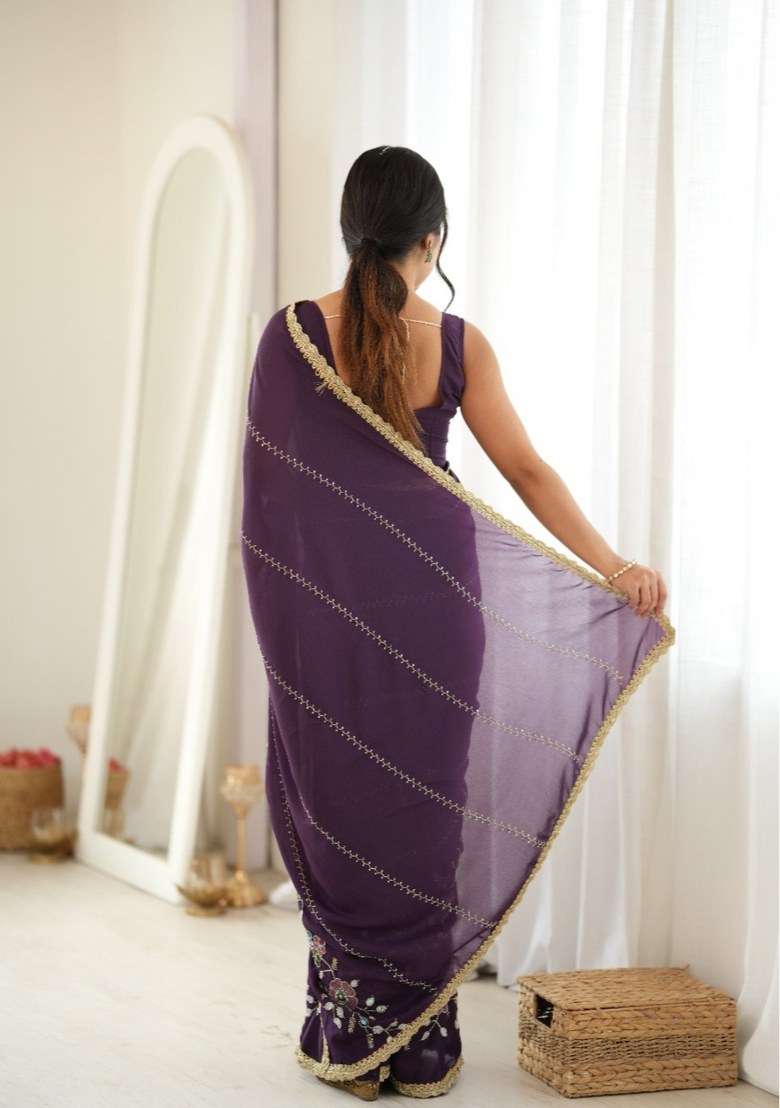 Wine Georgette Saree Set with Embroidered for Diwali | Wedding & Festive Wear - Indya