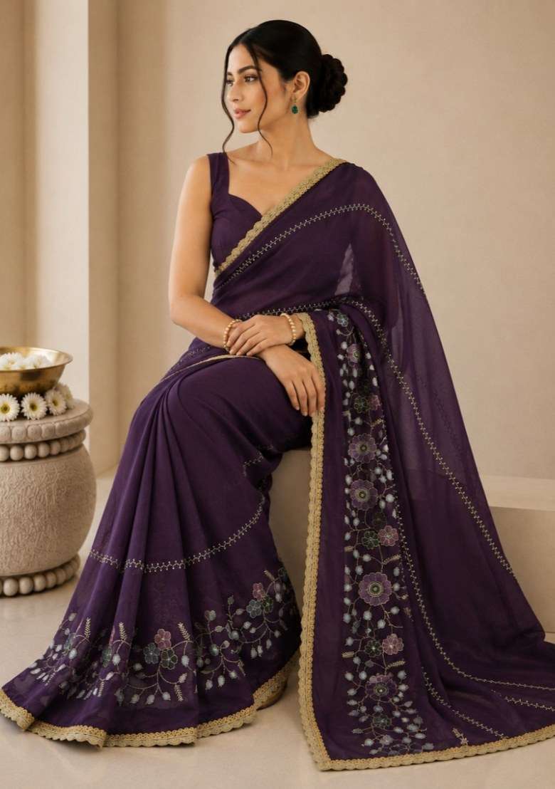 Wine Georgette Saree Set with Embroidered for Diwali | Wedding & Festive Wear - Indya