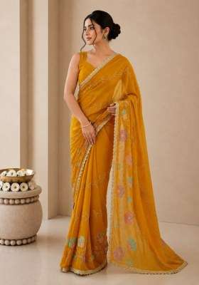 Yellow Georgette Saree Set with Embroidered for Diwali | Wedding & Festive Wear