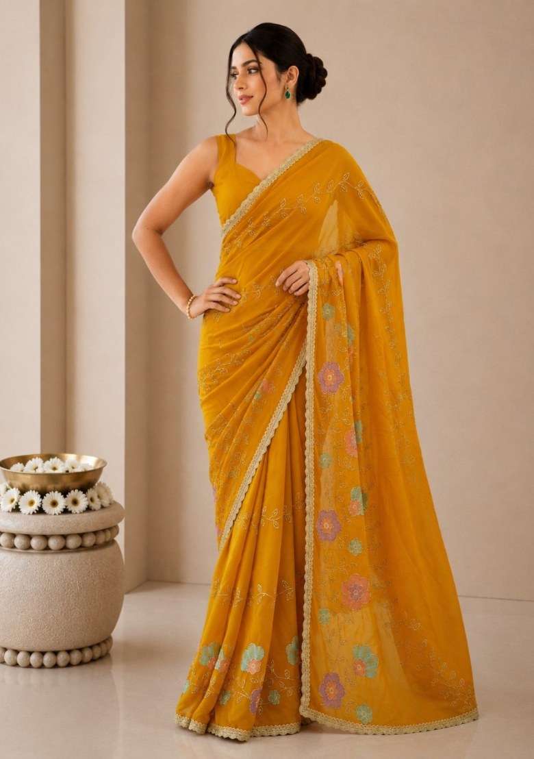 Yellow Georgette Saree Set with Embroidered for Diwali | Wedding & Festive Wear - Indya