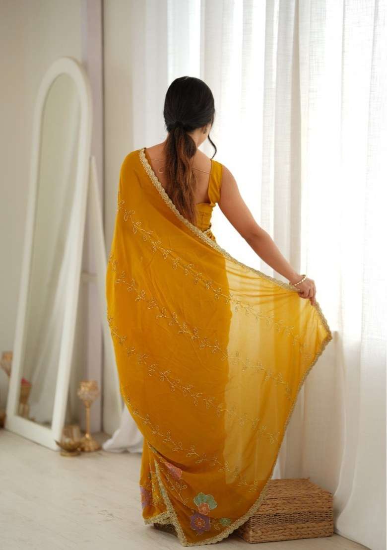Yellow Georgette Saree Set with Embroidered for Diwali | Wedding & Festive Wear - Indya