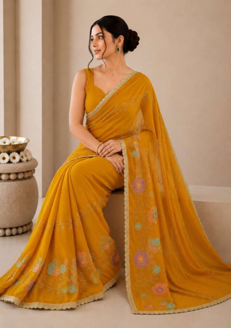 Yellow Georgette Saree Set with Embroidered for Diwali | Wedding & Festive Wear - Indya