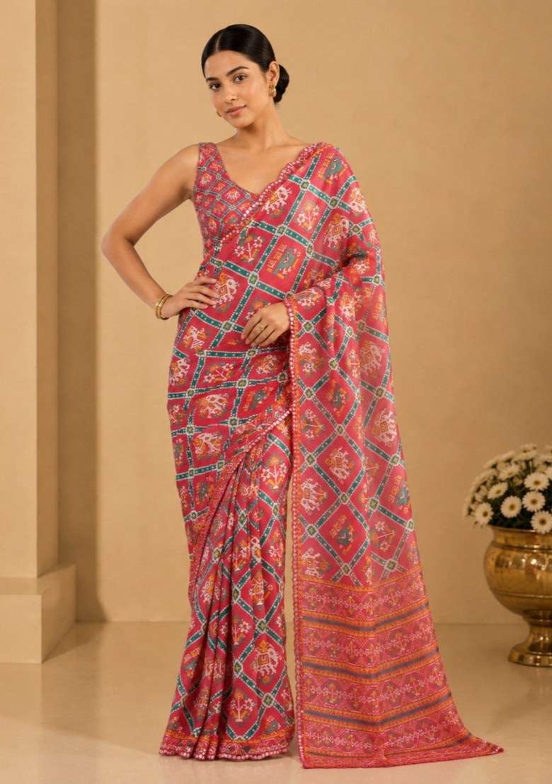 Coral Printed Silk Saree Set for Diwali and Festive Wear - Indya