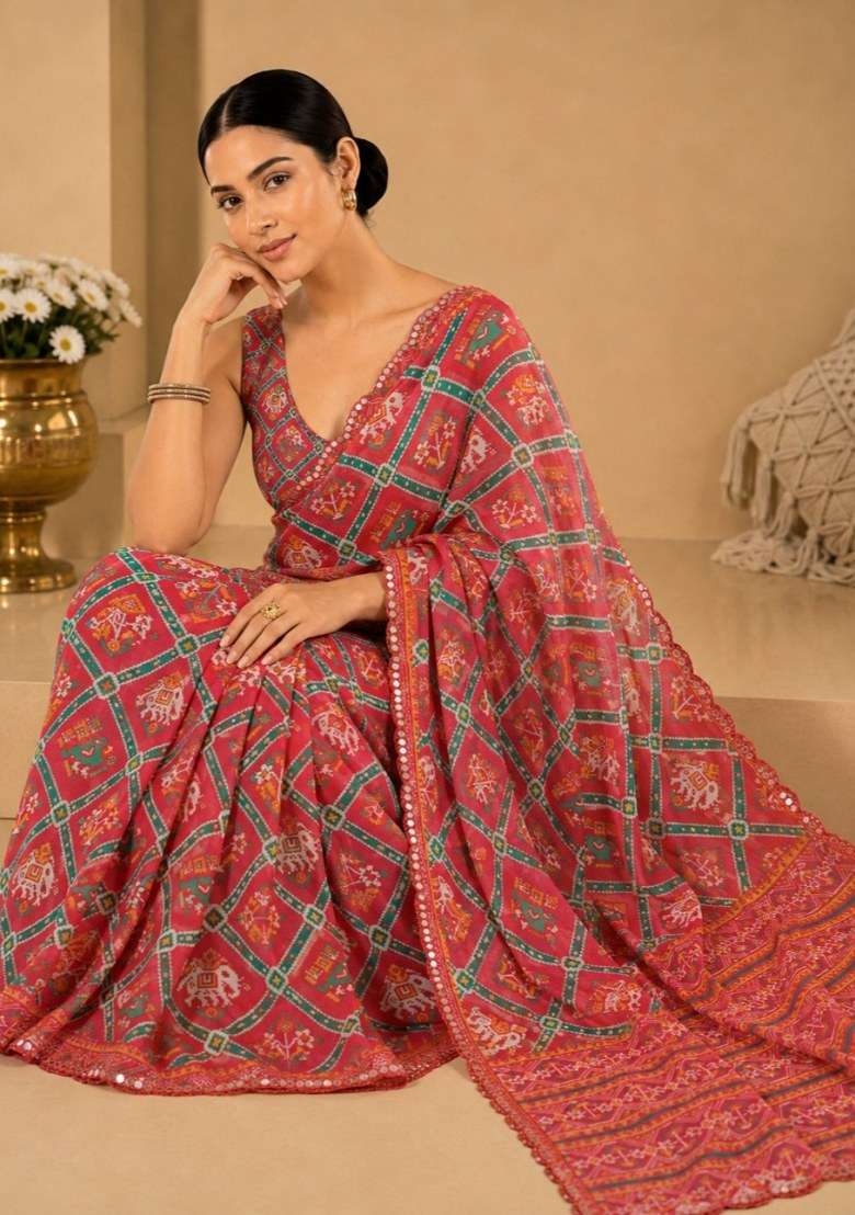 Coral Printed Silk Saree Set for Diwali and Festive Wear - Indya