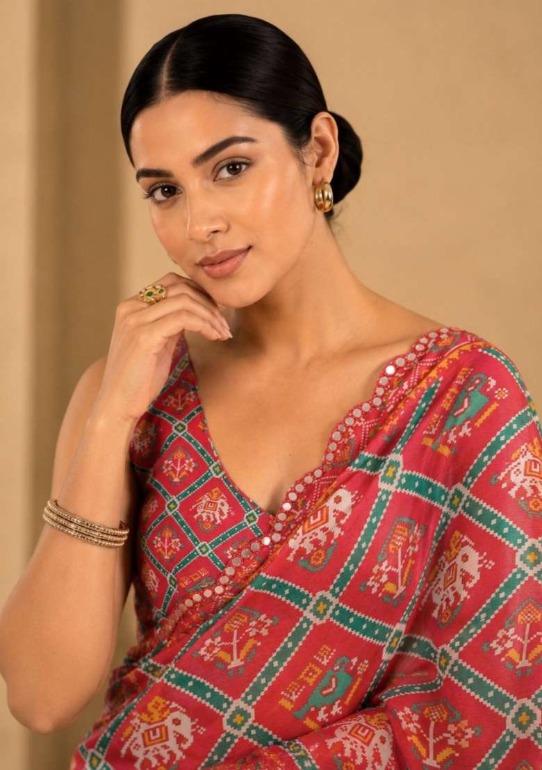 Coral Printed Silk Saree Set for Diwali and Festive Wear - Indya