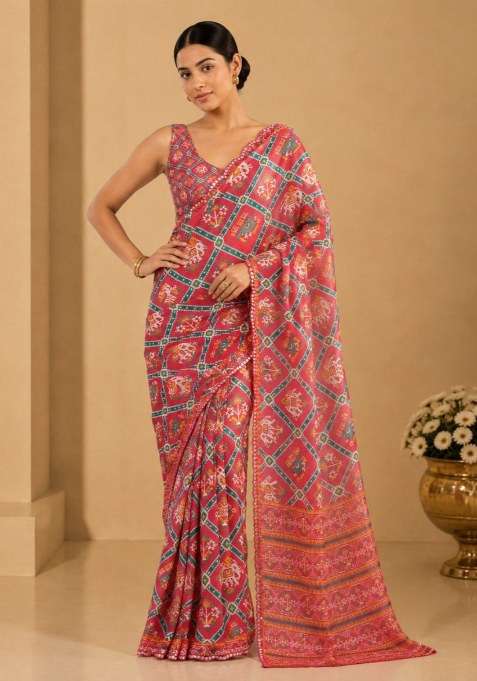 Coral Printed Silk Saree Set for Diwali and Festive Wear