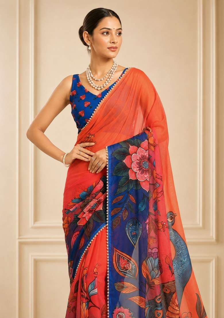 Blue Printed Georgette Saree Set - Indya