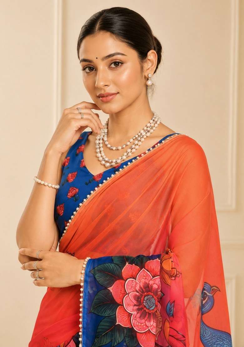 Blue Printed Georgette Saree Set - Indya