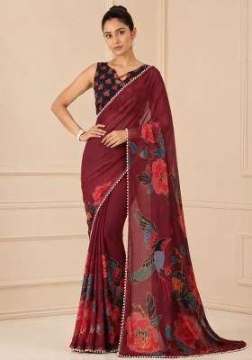 Maroon Georgette Saree Set with Printed for Diwali | Wedding & Festive Wear