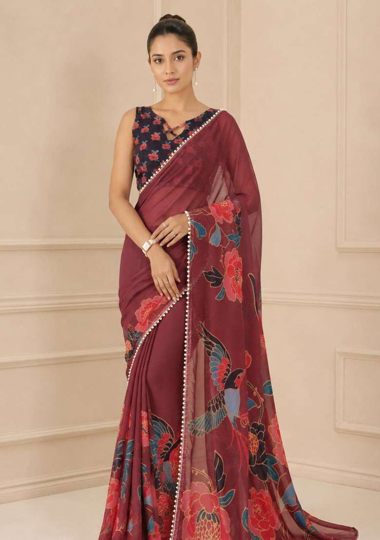 Maroon Georgette Saree Set with Printed for Diwali | Wedding & Festive Wear - Indya
