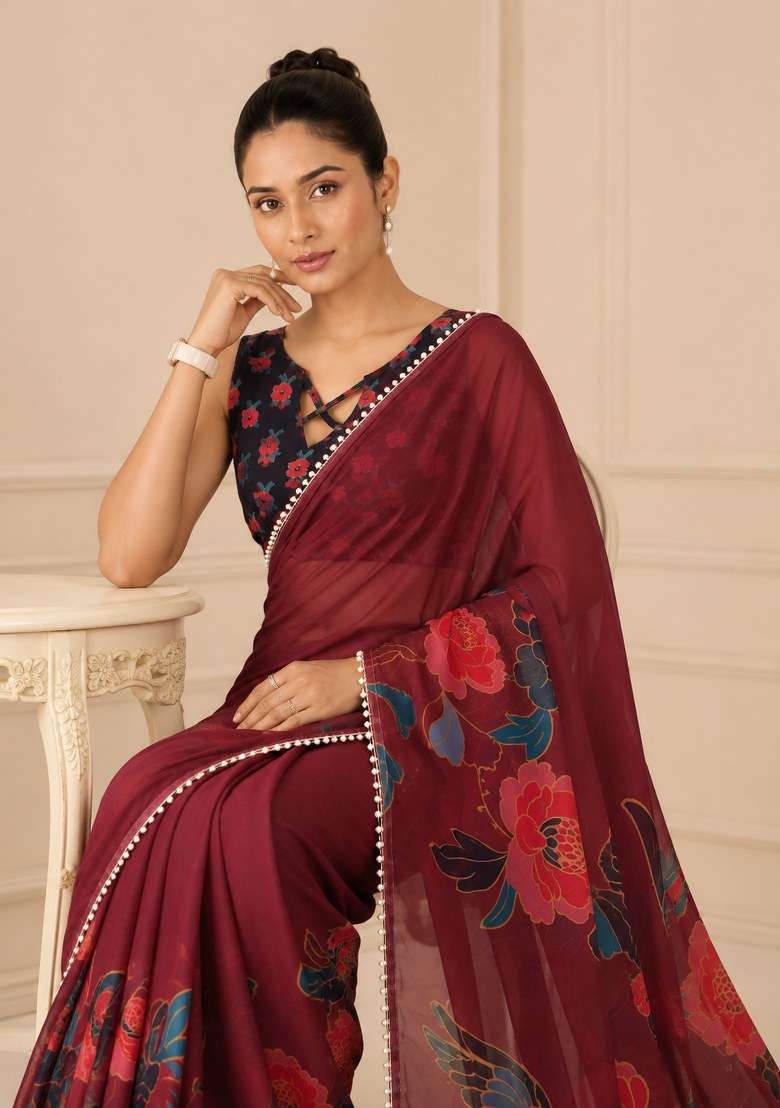 Maroon Georgette Saree Set with Printed for Diwali | Wedding & Festive Wear - Indya