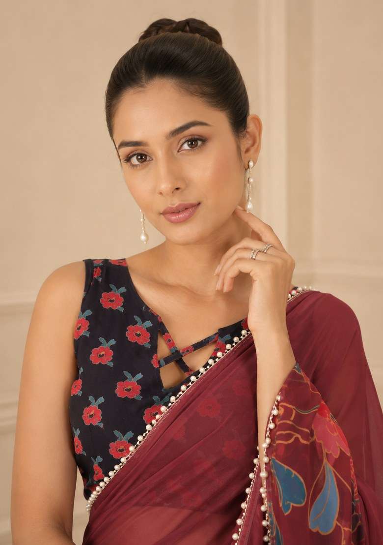 Maroon Georgette Saree Set with Printed for Diwali | Wedding & Festive Wear - Indya