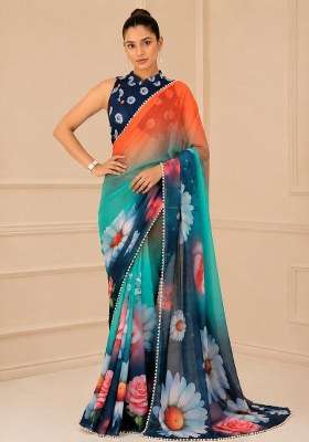 Teal Printed Georgette Saree Set for Diwali and Festive Wear
