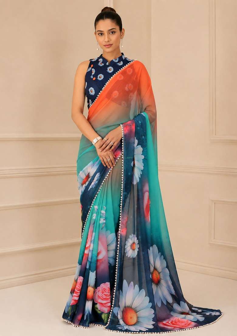 Teal Printed Georgette Saree Set for Diwali and Festive Wear - Indya