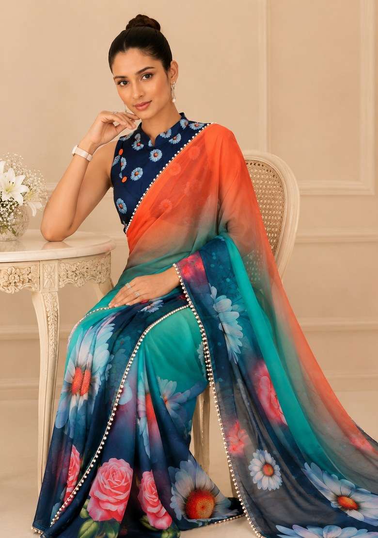 Teal Printed Georgette Saree Set for Diwali and Festive Wear - Indya