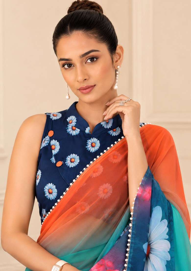 Teal Printed Georgette Saree Set for Diwali and Festive Wear - Indya