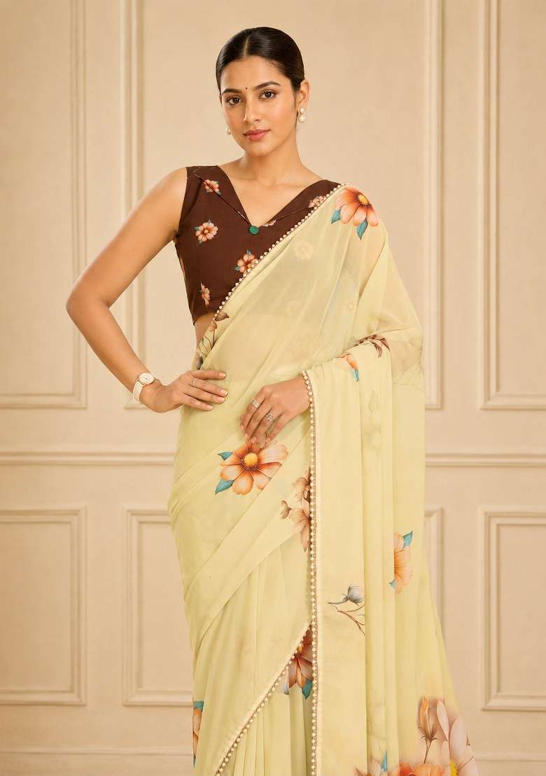 Cream Printed Georgette Saree Set - Indya