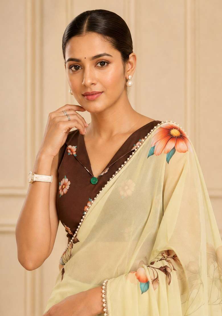 Cream Printed Georgette Saree Set - Indya