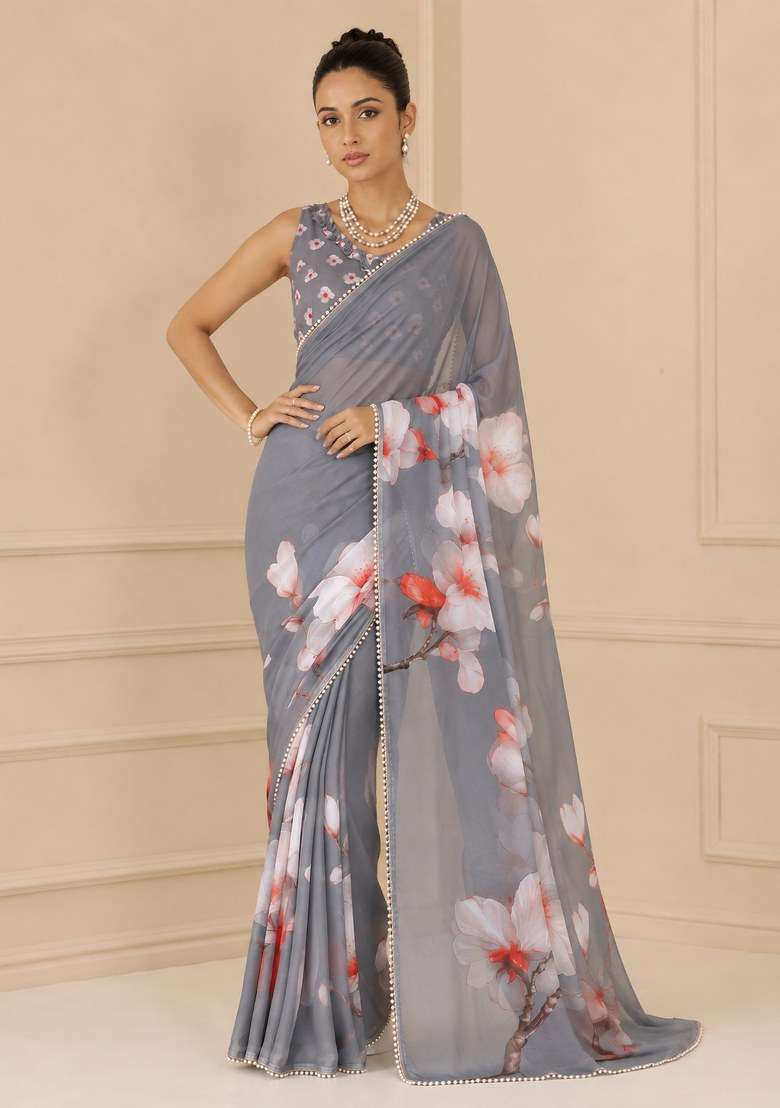 Grey Printed Georgette Saree Set - Indya