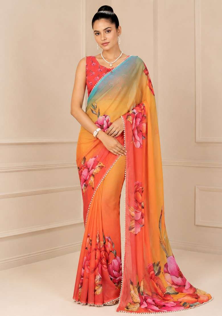 Orange Printed Georgette Saree Set - Indya