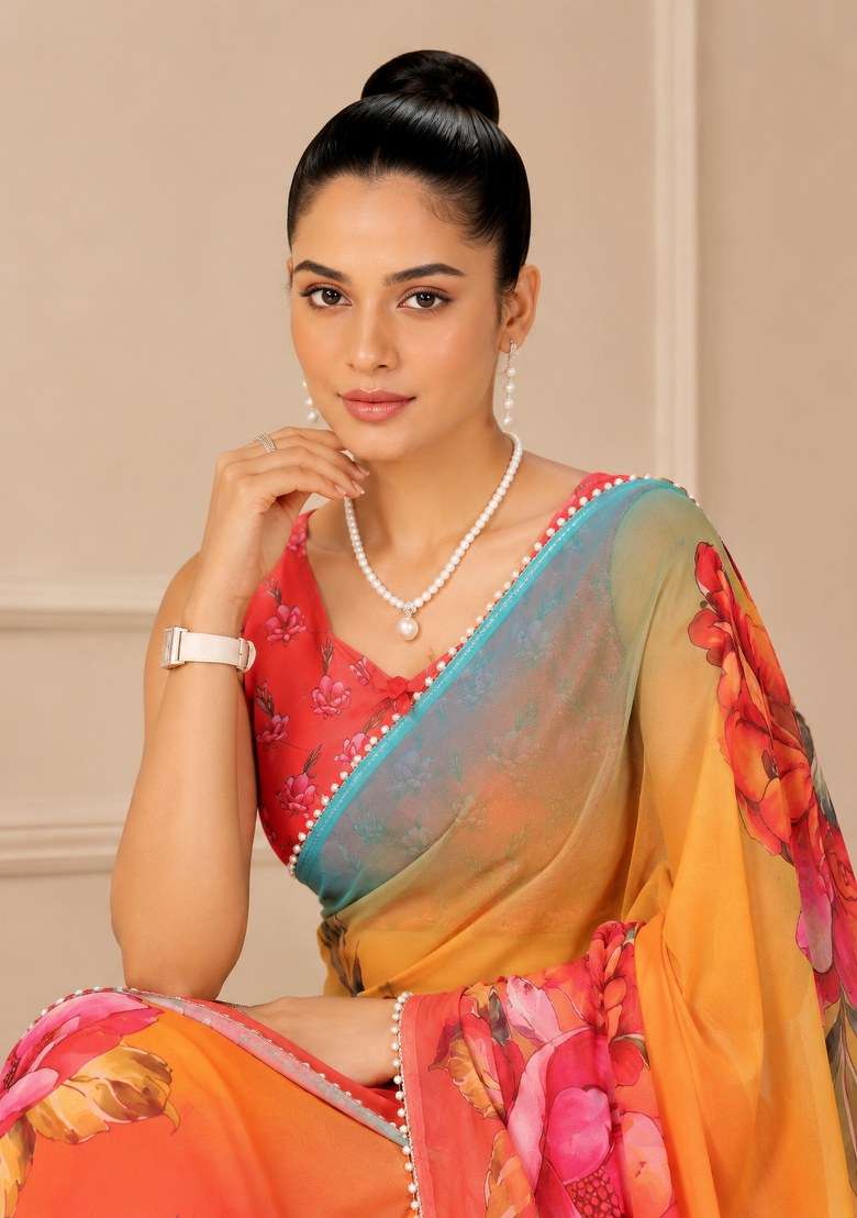 Orange Printed Georgette Saree Set - Indya