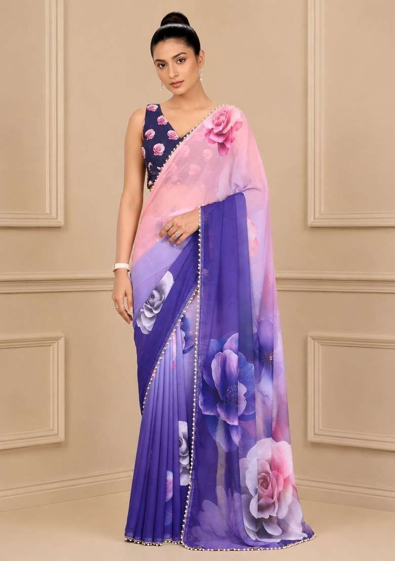 Multicolor Printed Georgette Saree Set - Indya