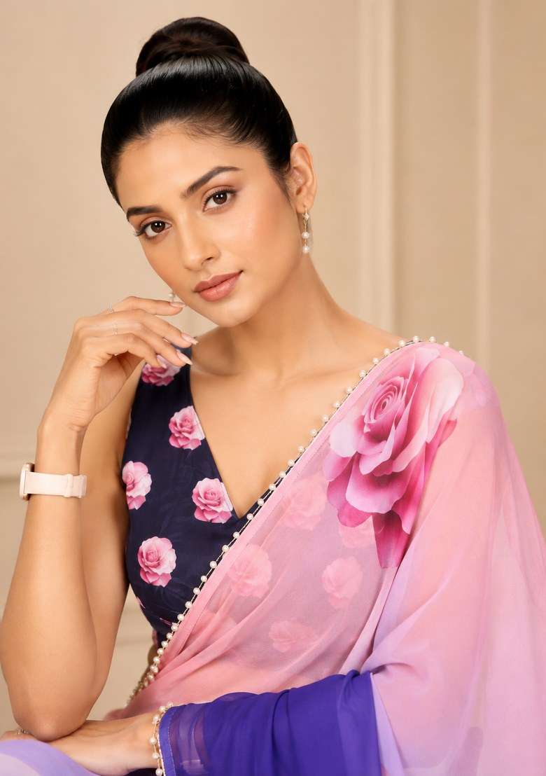 Multicolor Printed Georgette Saree Set - Indya