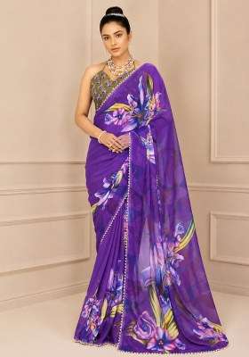 Purple Georgette Saree Set with Printed for Diwali | Wedding & Festive Wear