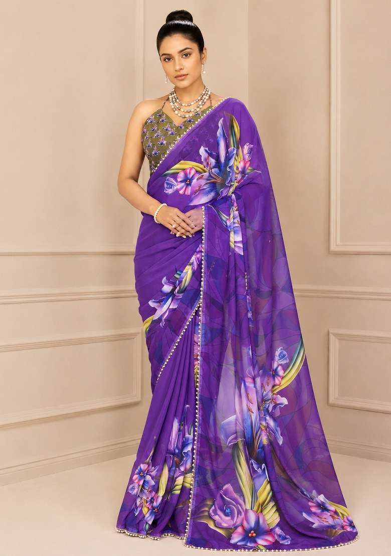 Purple Georgette Saree Set with Printed for Diwali | Wedding & Festive Wear - Indya