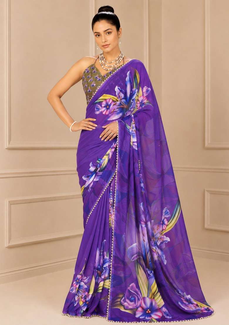 Purple Printed Georgette Saree Set - Indya