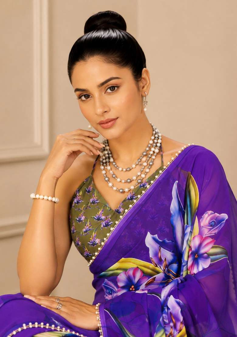 Purple Georgette Saree Set with Printed for Diwali | Wedding & Festive Wear - Indya