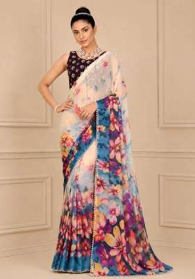 White Georgette Saree Set with Printed for Diwali | Wedding & Festive Wear
