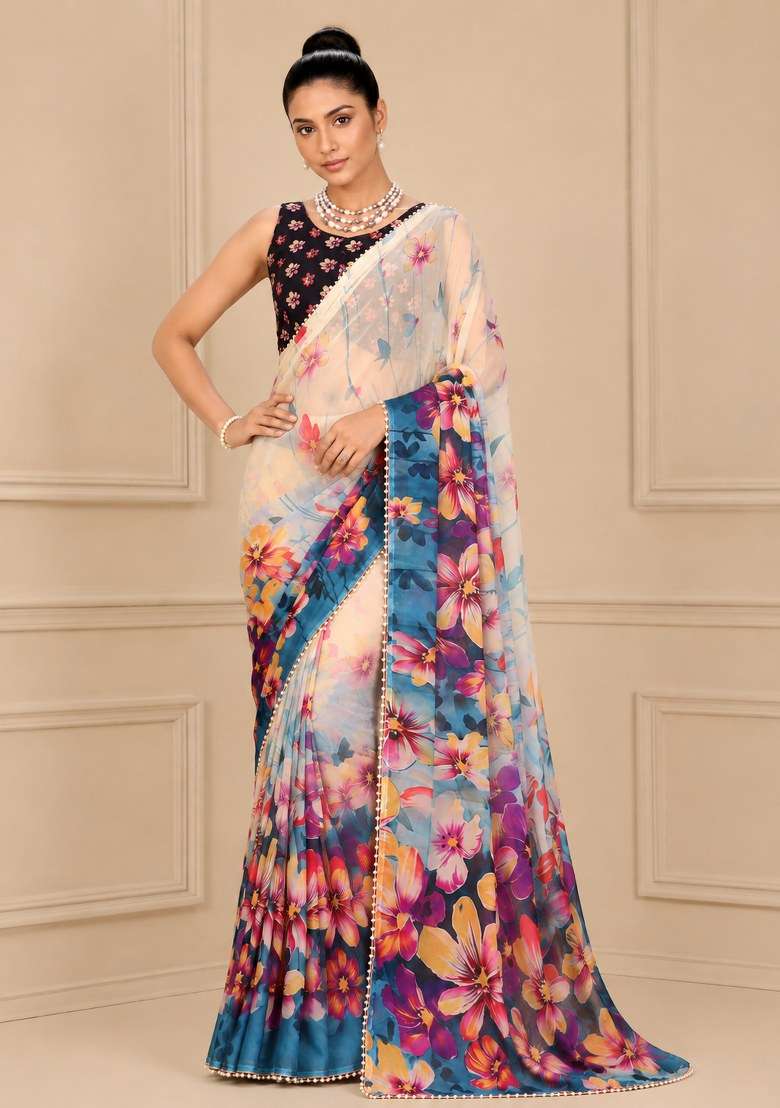 White Georgette Saree Set with Printed for Diwali | Wedding & Festive Wear - Indya