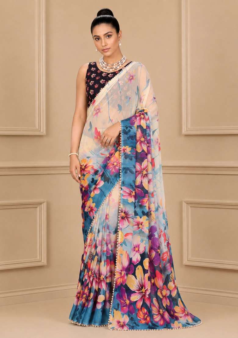 White Georgette Saree Set with Printed for Diwali | Wedding & Festive Wear - Indya
