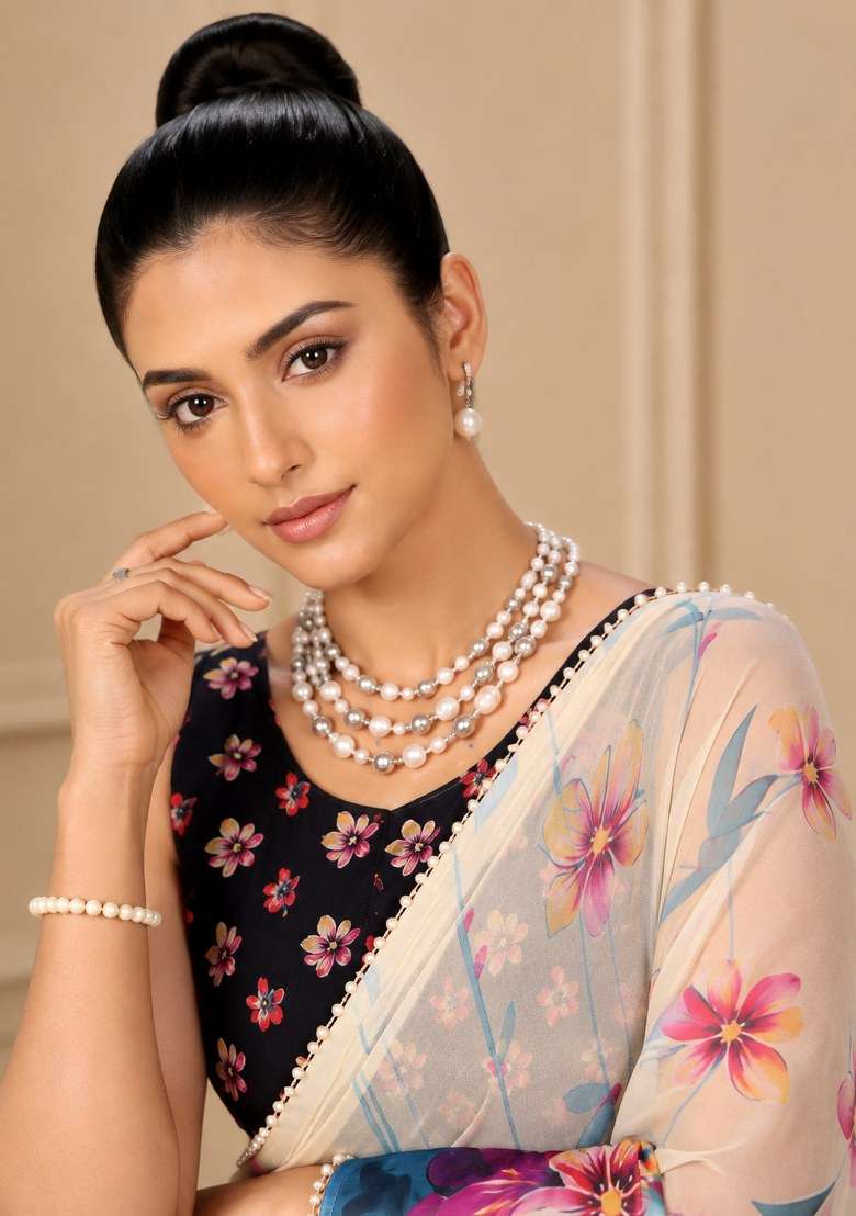 White Georgette Saree Set with Printed for Diwali | Wedding & Festive Wear - Indya