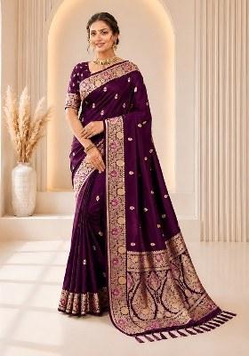 Wine Woven Design Silk Saree Set