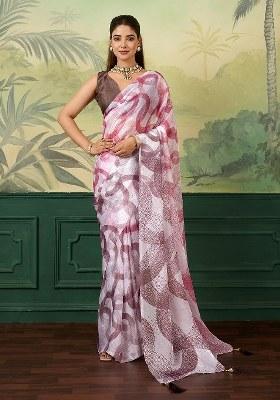 White Printed Silk Saree Set