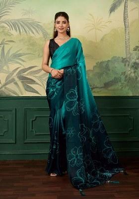 Teal Printed Silk Saree Set